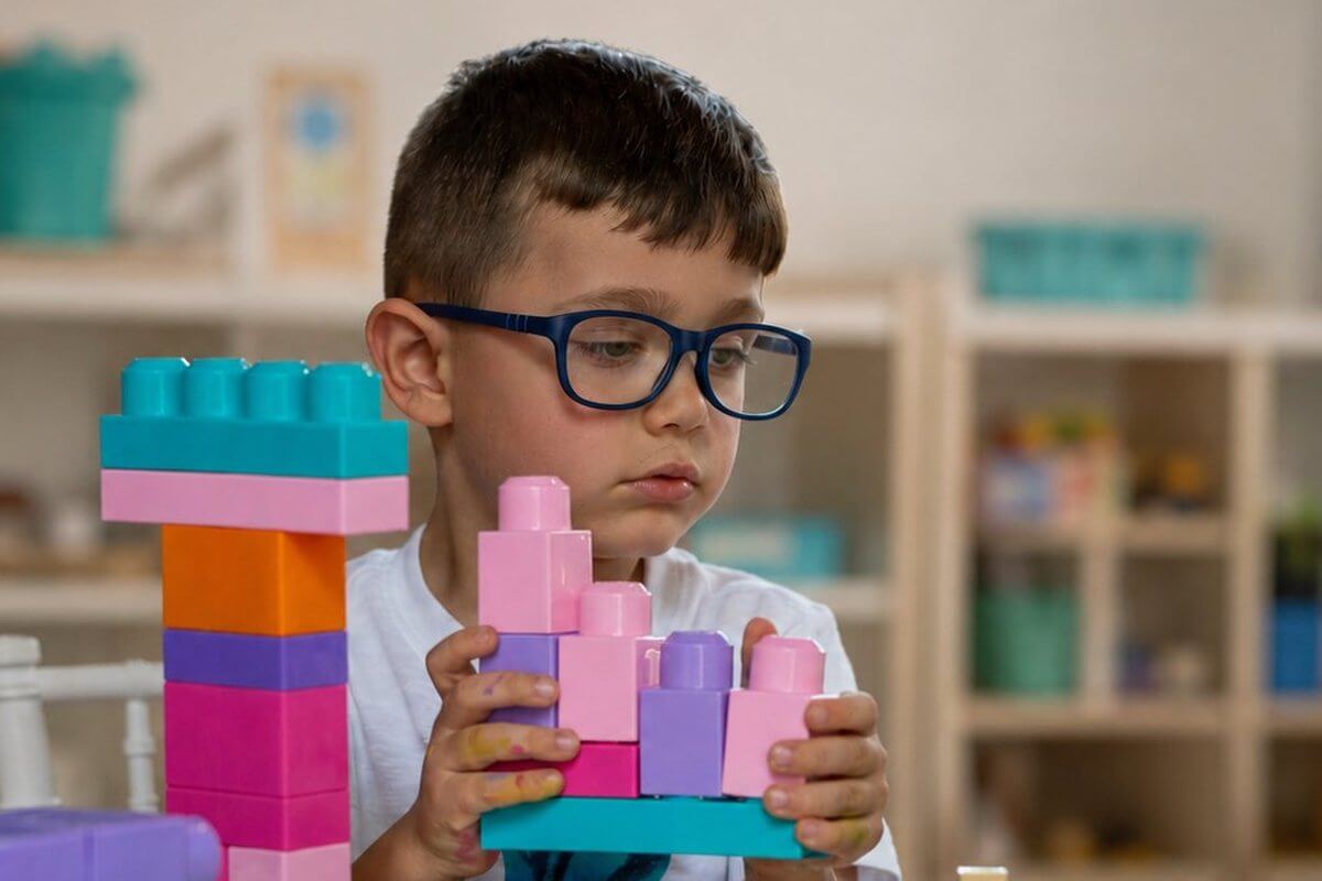 Young child building with colorful blocks during an ABA session at Miami Supreme