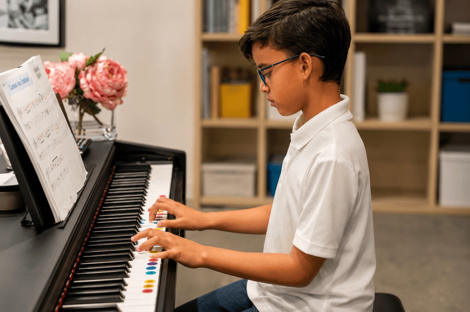 Child playing a color-coded piano during a music session at Miami Supreme